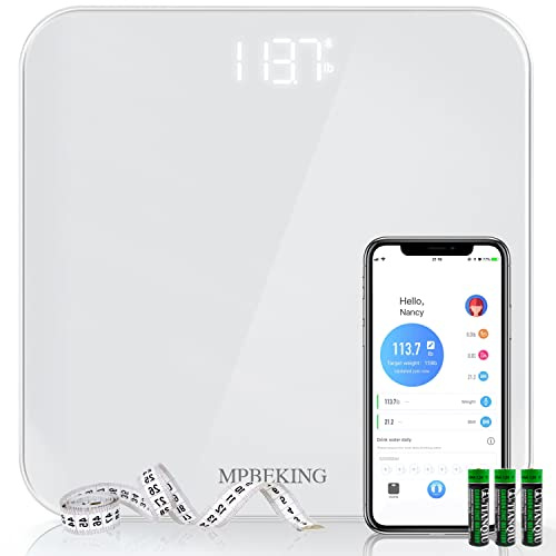 Scale for Body Weight, High Accuracy Bathroom Digital Scales, Bluetooth Weighing Scale, Unlimited Users, LCD Display, Round Corner Disign, Compact Size with Sturdy Tempered Glass 400lb- White