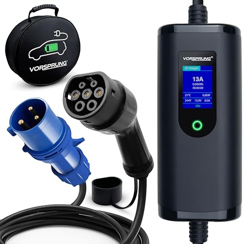 VORSPRUNG® (CEE 3 Pin Plug) Portable Type 2 EV Charger, Adjustable Amperage (10A/16A/20A/24A/32A) 7.3kW with Controllable Digital Screen - Electric Vehicle Motorhome Charging Cable T2, (UK) (5 Metre)