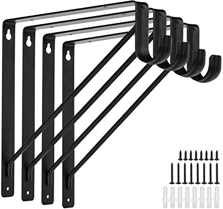 APOCHON 4 Pack Heavy Duty Closet Shelf and Rod Brackets 300lbs, 11 x 11 Inch Wall Mounted Closet Shelves Bracket with Rod Shelving Support, Black Closet Pole Holder Bracket with Screws
