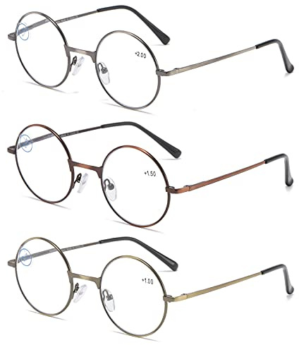 KoKoBin paquete de 3 gafas de lectura con montura redonda lector de bloqueo de luz azul montura completa de Metal gafas Retro antiluz azul para hombres y mujeres (paquete de 3, 3.5)