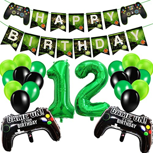 Geburtstagsdeko Jungen 12 Jahre, Gamer Deko Geburtstag, Happy Birthday Girlande Banner Deko Junge, Gamecontroller Luftballons Schwarz Grün Ballons Set für Kinder Videospiel Thema Party Zubehör
