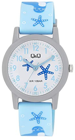 Q&Q Kinder-Uhr Silikon 10 Bar Motiv bunt Lernuhr Analog Quarz (blau grau)