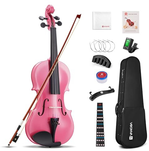 Vangoa 3/4 Violine Geige Akustik Anfänger Violin Starter Set für Kinder Mädchen Schüler mit Geigenkoffer, Kolophonium, Schulterstütze, Stimmgerät, Saiten, Geigenbogen, Griffbrettaufkleber, Rosa