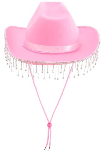 FEESHOW Damen Cowboyhut mit Strass Fransen Glitzer Cowgirl Hut Mütze Party Halloween Karneval Kostüm Zubehör Kopfbedeckung Rosa Einheitsgröße