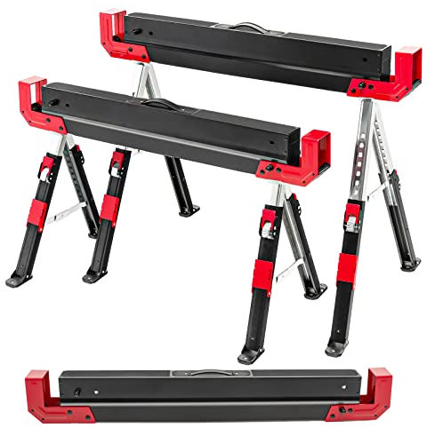 GYMAX Coppia Cavalletti per Segare, Trespoli da Lavoro Pieghevole, Regolabile a 9 Livelli, Telaio in Ferro, Struttura a A, con Maniglia Portatile, Carico di 600+600 kg (4)