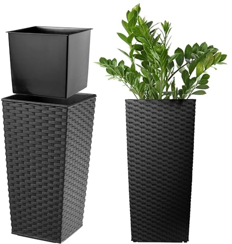 KADAX Pflanzkübel mit Innentopf, Höhe 46.5cm, 24x24cm, ca. 13L – Rattan-Optik Schwarz, Frostsicherer Blumentopf für Innen & Außen, Garten, Balkon & Terrasse, UV-beständig, wetterfest