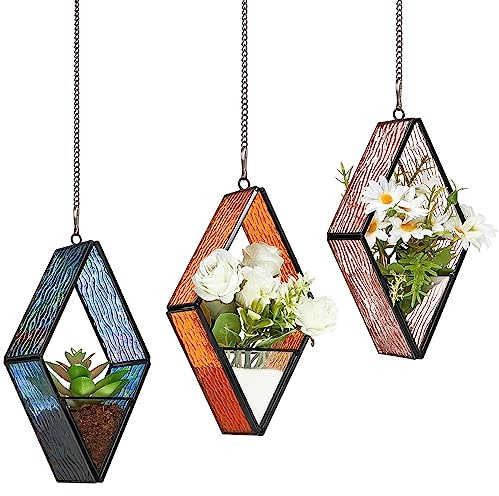Yaomiao Glas-Terrarien zum Aufhängen, Glas-Pflanzgefäß, kleines geometrisches Terrarium, Luftpflanzen-Terrarium mit Kette für Sukkulenten, Mooshalter, Garten, Wand, Fensterbank, 3 Stück (lebendige | Hängendes Terrarium, geometrische Pflanzgefäße für Sukkulenten, Luftpflanzen, Metallrahmen mit Ketten, Fensterbank, Garten