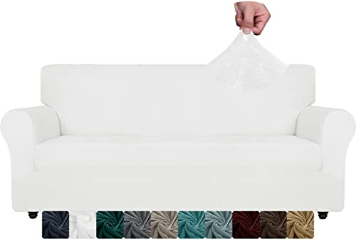 XINEAGE Samt Sofaüberzug 3 Sitzer, Stretch Sofa überzug für Wohnzimmer, Dicke Weiche Sofaüberwurf, Rutschfester Sofa Cover für Hunde, Haustiere (3 Sitzer, Weiß)