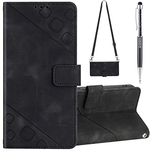 Grandoin Kompatibel mit Huawei P30 Pro Hülle mit Band, Handykette Handyhülle mit Band Lederhülle Klappbar Flip Case Tasche Magnet Kartenfach Handyband zum Umhängen Schutzhülle mit Kette (Schwarz)