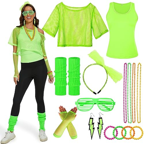 Ulikey 80er 90er Jahre Outfit Damen, 15 Stück 80er Jahre Kleidung Damen Set, Netzshirt, Tank top, Halskette, Armband, Ohrring, Stirnband, 90er Jahre Neon Party Outfit Mottoparty Accessoires Karneval