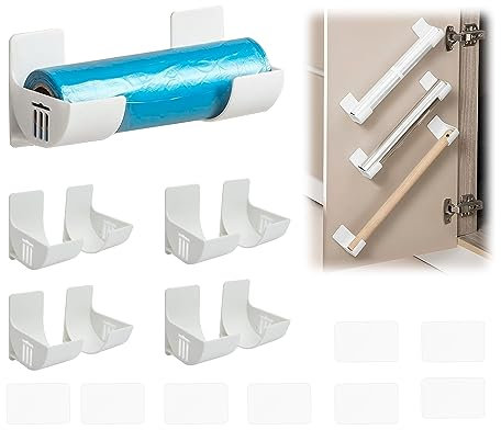 duozoanz Film Alimentaire Support Rangement Porte - Adhésif étagère Murale avec 4 Paires pour Armoire Salle de Bains Réfrigérateur Boîte D'organisation Mur Rouleaux Cuisine, Blanc