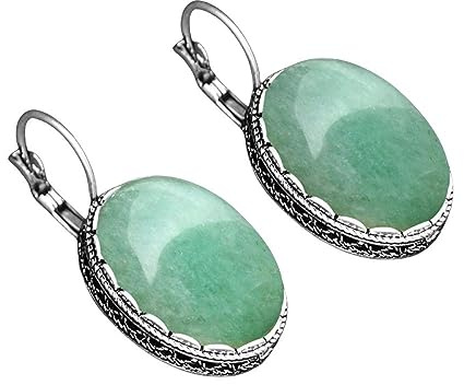 Stein Ohrringe,Vintage Grüne Jade Tropfenohrringe Mit Inlay Ovaler Anhänger Baumelnde Hakenohrringe Edelsteinohrringe Antiker Barockstil Schmuck Geschenk für Mädchen Mutter Frau