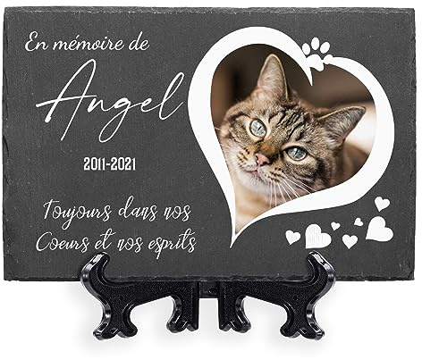 AIGAT Plaque commémorative Grande personnalisée 7.8 x 11.8 / 20 x 30 cm avec nom, Date, Photo et Support pour Animal Domestique, Chat, Chien, Ardoise, Pierre tombale - Coeur Photo