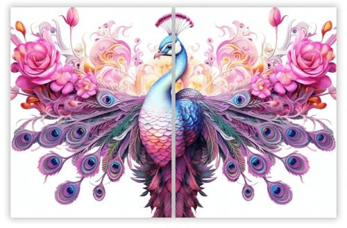 SMTDeco Herdabdeckplatte 2×40×52 cm – ESG gehärtetes Glas, kratzfest & rutschfest – Spritzschutz & Schneidebrett – für Induktion/Ceranfeld – 2-teilig, Motiv Pfau Blumen Rosa