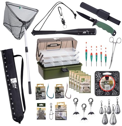 Zite Fishing XXL Angelkoffer Set befüllt | Angelwerkzeug & Angelzubehör | gummierter Angelkescher 160cm | Posen, Bleie, Haken & Mehr
