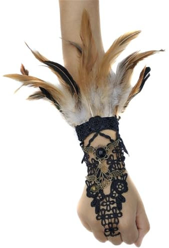 Asudaro Damen Feder Manschetten Gothic Schwarz Feder Armbänder Armband Natürlichen Feder Lange Handschuhe Deko Halloween Cosplay Karneval Verkleidung Kostüm Zubehör Khaki