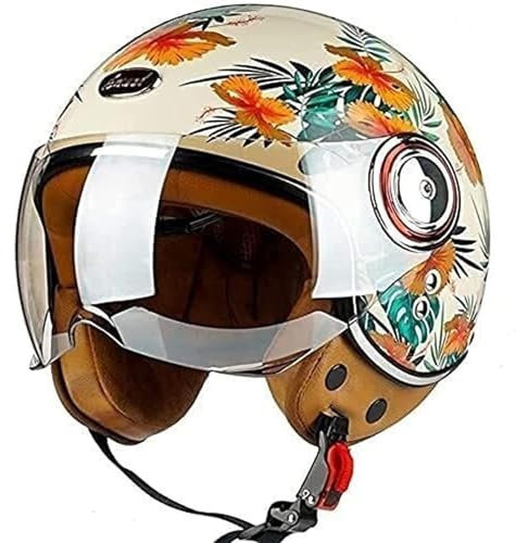 Sommer Vintage Motorrad Open Face Helm Vintage Roller Helm Damen Herren Retro Elektrischer Halbhelm Mit Sonnenblende Jet-Helm Für Cruiser Motobike DOT/ECE Approved 1,M