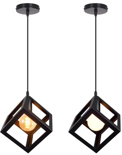 iDEGU Lot de 2 Suspension Luminaire Moderne Lampe Lustre Forme Cube Plafonnier Abat-jour de Style Géométrique en Métal E27 Éclairage Suspendu pour Chambre Salon Restaurant - 16CM, Noir