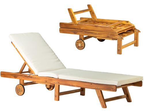 Panana Solid Acacia Wood Sun Lounger Outdoor Seating Folding Recliner Chair Portable Chaise Lounge with adjustable Backrest, Wheels, Cushion for Garden Poolside Patio