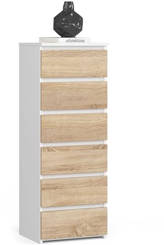 Home Collective Kommode mit 6 Schubladen Schlafzimmer Flur Wohnzimmer Organizer Kommode mit Schubladen 40 cm breit 109 cm hoch weiß Sonoma Holz Highboard Sideboard Mehrzweckschrank Schrank schmal