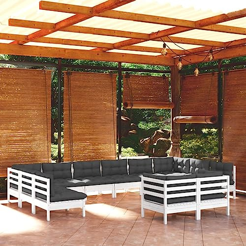 WEMYUFURN 12-TLG. Garten-Lounge-Set mit Kissen Weiß Kiefer Massivholz, Outdoor-Sitzgruppe, Terrassen-Lounge-Set, Garten-Couchgarnitur - Wetterbeständig, Komfortabel - für Terrasse, Garten und Balkon