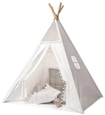 Putentfun Kids Teepee Tent with Window,Teepee Tents for Kids,Portable Foldable Children Play Tent Indoor Outdoor,4 Poles White Canvas Playhouse Toy,Toddler Tent for Girls & Boys
