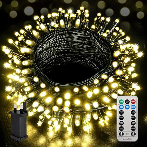 Desiretech - LED Plug-in Christmas Lights - Waterproof Holiday String Lights with Remote, 8 Modes, Timer for Christmas Trees, Garlands, Wreaths and Festive Decor, Dimmable (Warm White, 30m / 300 LED)
