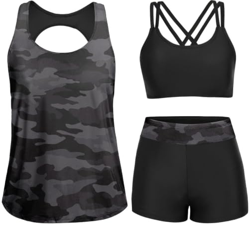 Yonique Tankini-Badeanzug für Damen, Badeanzüge mit Jungen-Shorts und Bade-Tank-Top-BH, bescheidene Bademode, 3-teilig, Camo, Large