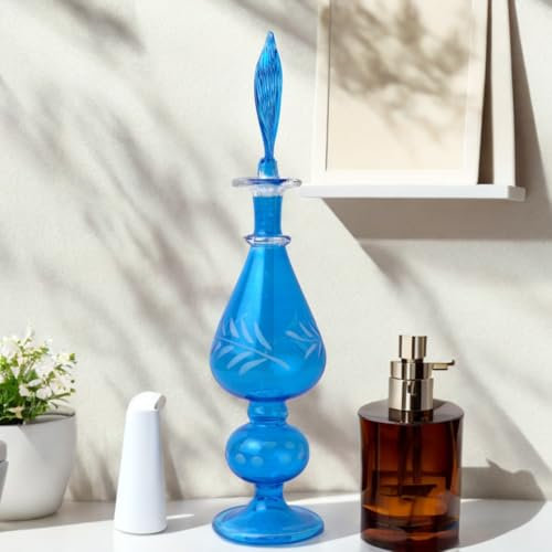 Ornamenta Hand-Blown Blue Glass Perfume Bottle with Etched Leaf Design | Refillable Fragrance Bottle for Essential Oils, Cologne, Home Décor | Handmade Decorative Decanter for Gifts, Vanity Display