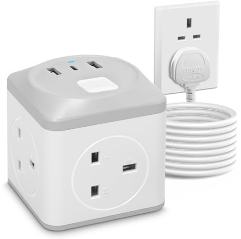 Cube Extension Lead with 3 USB Slots, 3 Way Multi Plug Extension with 2 USB A and 1 USB C Ports & Switch, UK Power Strip Surge Protected, 1.5M Extension Socket Cable for Home, Office, Hotel, Travel