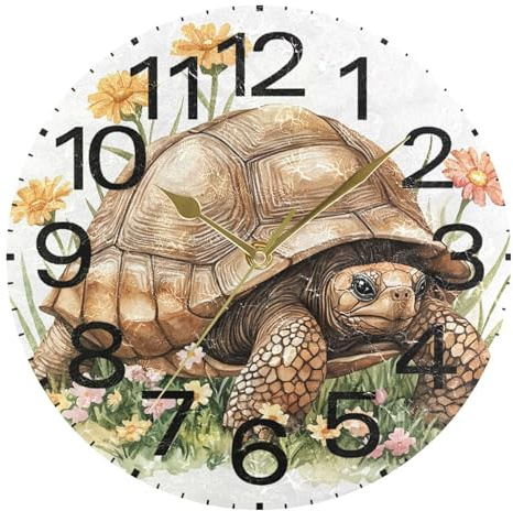 Kutsu Scale Watercolor Tortoise Wall Clock Silent Non Ticking, Battery Operated Round Clock 10 Inch for Home Bedroom Living Room Kitchen Office School Classroom, Gold