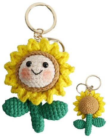 Dgayaeic Handgewebter Sonnenblumen-Anhänger, Handgemachte gestrickte Sonnenblumen-Schlüsselanhänger, süße kleine Blume Anhänger Zubehör, auffälliger Look für Geldbörse, Autoschlüssel, Taschenanhänger
