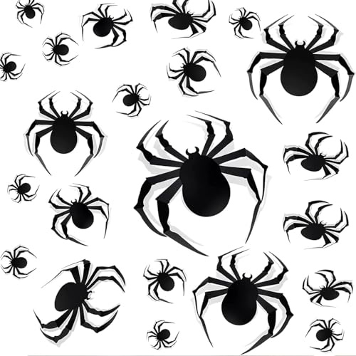 24 Stück Halloween Spinnennetz Halloween 3D Spinnen Deko Spinnen Deko mit Schaumkleber Realistische PVC Scary Spider Spinnen Sticker für DIY Dekor Schwarze Wanddeko Dekoration Outdoor Aufkleber