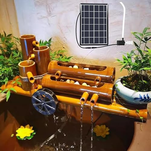 Fontana Solare in bambù con Pompa, Elemento d'Acqua Naturale per Giardino, Decorazione Zen da Esterno, Cascata per Laghetto, Balcone, Terrazza, Prato, Acquario