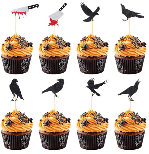 24pcs Lot Décorations Cupcakes Halloween, Corbeau Noir Pailleté et Couteau Ensanglanté Picks Cupcake Décorations Gâteau Halloween Préassemblées pour Fête d’Anniversaire Thème Horreur