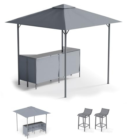 GOPLUS Pabellón de Jardín con Mostrador y 2 Taburetes de Bar, Pared Lateral, Estante, Portavasos, Gazebo de Patio Metálico con Doble Techo, Protección Solar, Taburete de Bar Ergonómico