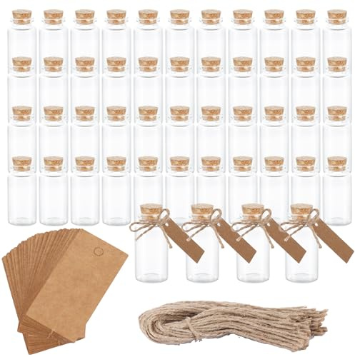 LDHHYH 48 Pack 25ml Mini Glass Jars with Cork Stoppers, Wishing Bottles with Label Tags and String, Tiny Glass Jars for DIY Crafts, Wedding Favors, Party Favors