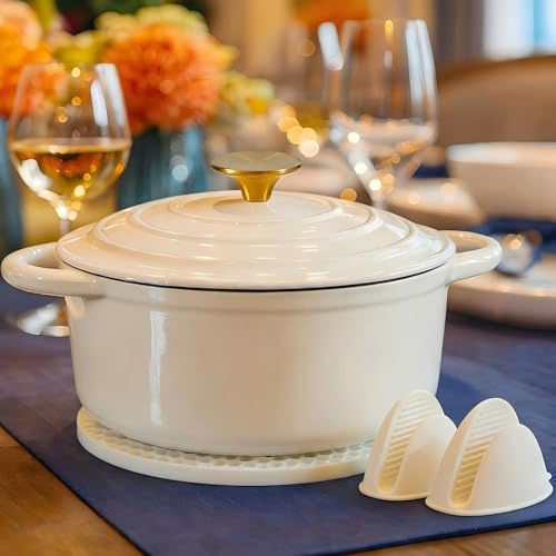 Nilpferd Gusseisen Topf Schmortopf 24cm Emaille Bräter mit Deckel Topflappen, Kasserollen Bratentopf brot backen für Schmoren Braten Incl.1 Paar Silikon Ofenhandschuhe&Topfuntersetzer (Cremeweiß, 4L)
