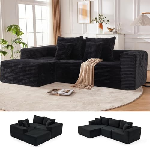 GASLIKE Modulares Sektionalsofa Couch mit Chaiselongue, Cord-Futon-Sofabett mit tiefem Sitz, Schaumstoffkissen, Keine Montage, moderner Abschnitt für Wohnzimmer, Wohnung, Schwarz