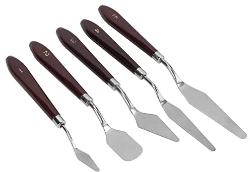 Riuulity Palette Knife Set Espesa Cuchilla Flexible para Pintura Al óleo Ergonómico de Acero Inoxidable Juego de Cuchillos para Artistas Plata Metálica/marrón 5 Piezas