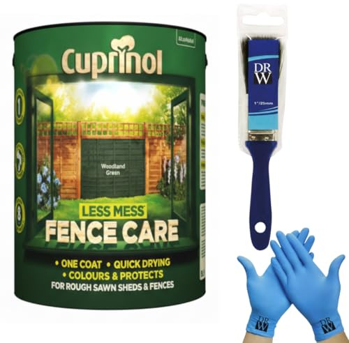 Cuprinol Less Mess Woodland Green Fence Care Stain 6L + Free 4 Inch Fence Paint Brush & Nitrile Gloves – One‑Coat Coverage, Quick Drying, Rich Colour & Low Odour