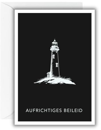WBdesignz Trauerkarte „Aufrichtiges Beileid“ mit weißem Umschlag – schlichte Beileidskarte mit Leuchtturm-Motiv – Beerdigung, Seebestattung – Kondolenzkarte für Anteilnahme & Trost (DIN A6)