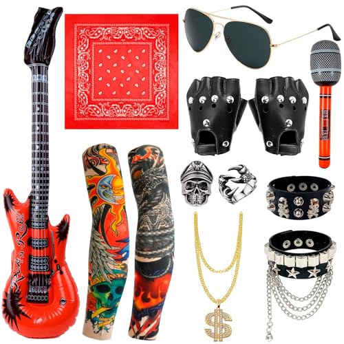 Punker Kostüm Zubehör, 13 Stück Punk Gothic Rocker Kit, Herren Rockstar Kostüm 70er 80er 90er mit Punk Bandanas Handschuhe Kette und Arm Fake Tattoo ärmel Cover, Karneval Party Schwermetall Disco