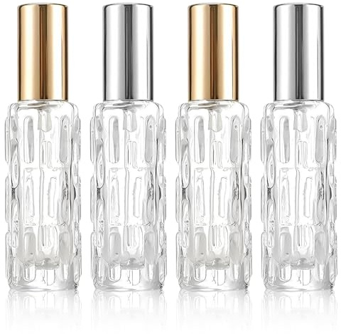Copbopwn Botella atomizadora de perfume de viaje de 10 ml, juego de 4 botellas de perfume recargables, botella de viaje de vidrio, mini decantador de fragancia portátil para bolso de mano, bolsillo y