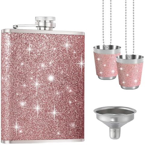 XFSRG Rosa Flachmann 240ml mit Trichter Und 2 Kleine Tassen Auslaufsicher Edelstahl für Whisky Rum Wodka Reisen Party Camping Geschenk