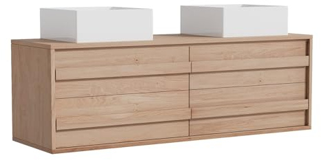 Vente-unique-Mobile bagno sospeso in rovere massello con lavabo quadrato da appoggio Rovere chiaro 150 cm - SARLO