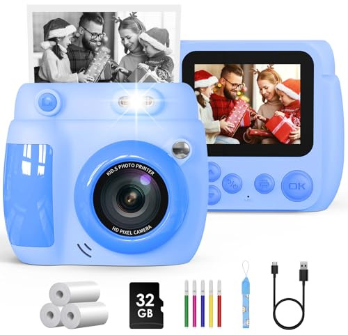 Cámara Instantánea para Niños, Cámara Digital Infantil 1080P de 2.4 con Tarjeta 32GB y 3 Rollos de Papel Térmico, Juguete Regalo de Cumpleaños para Niños y Niñas de 3 a 12 Años, Azul