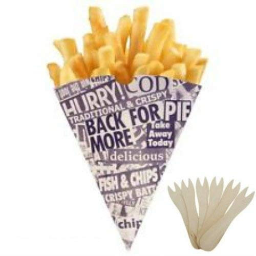 100 News Print Chip Cones includes 100 Wooden Chip Shop Forks