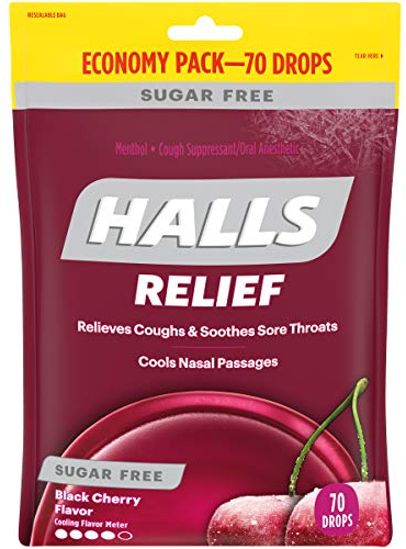 HALLS Relief Sugar Free Black Cherry Flavor Cough Drops, Economy Pack, 1 Bag (70 Total Drops)