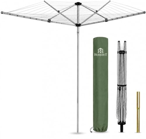 HH Home Hut 4 Arm Rotary Washing Line 50M — Heavy Duty Aluminium Outdoor Garden Clothes Airer Dryer Whirligig, Includes Ground Spike & Protective Cover